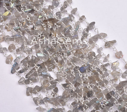 3,5.10 feet Natural Labradorite Uncut Chips Beads Rosary Chain,Black Rainbow Nugget Beaded Chain Rosary Silver Plated Wire Bulk Roll Chains