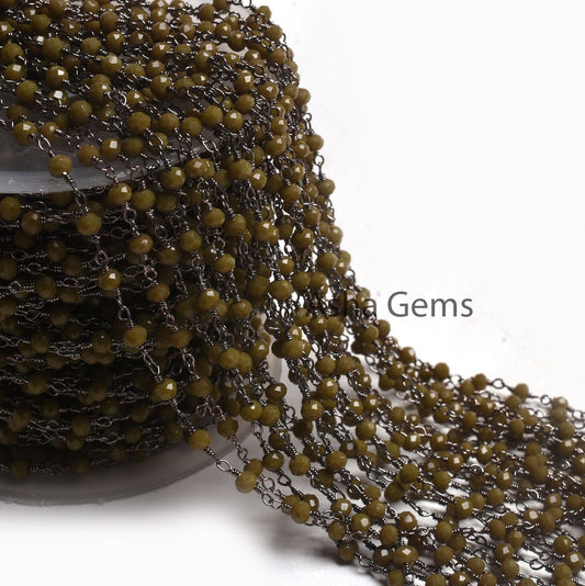 3,10,50 feet Hina Green Jaspar Hydro Rondelle Faceted Beads Rosary Chain Black Wire Jewelry Making Gunmetal Chain 3-3.5 mm Bulk Roll Chains