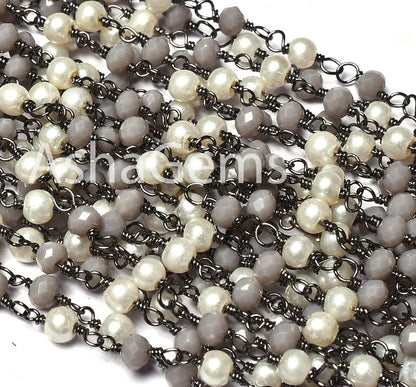 Fine White Pearl, Grey moonstone Hydro Beads Rosary Chain, Multi Color Rondelle Beaded Chain Black Plated Wire Wrap Gunmetal Chains Jewelry