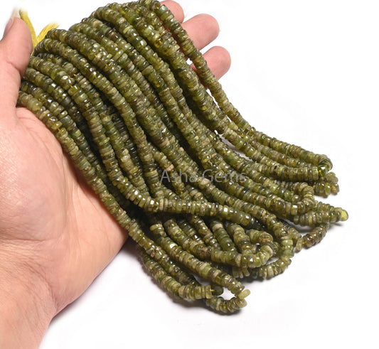 Beautiful Vessonite Smooth Flat Tyre Gemstone beads,8/16" Strand Natural Green Vesuvianite Handmade Wheel Shape Vessonite Bead Jewelry Craft