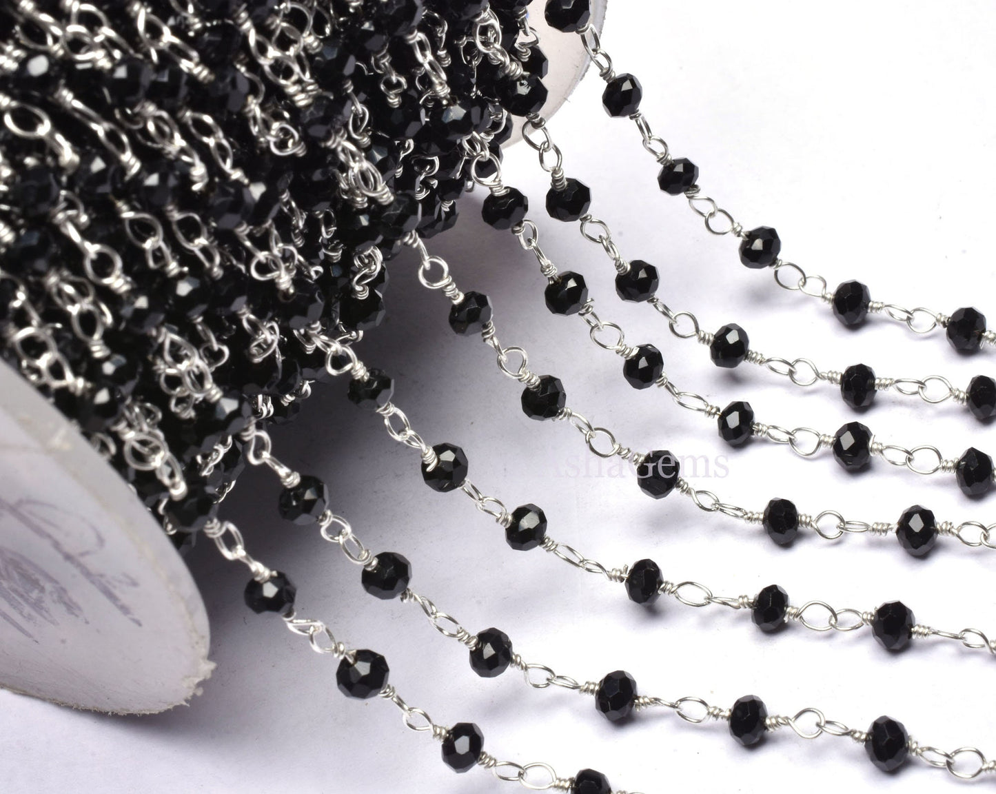 AAA Quality Black Onyx Hydro Micro Cut Rondelle Beads Rosary Chain 3mm, Silver Plated Wire Handmade Chain By Foot For Jewelry Necklace Craft