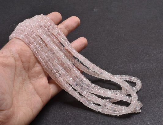 Pink Rose Quartz Smooth Heishi Tyre Gemstone Beads, Fine Rose Quartz Beads, Natural Rose Pink Flat Wheel Shape Bead For Jewelry Making Craft