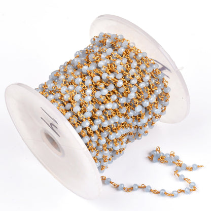 3,5,10,25 Feet,Blue Chalcedony Hydro Faceted Rondelle Beads Rosary Chain,3-3.5mm Gold Plated Wire Jewelry Making Finding Bulk Roll Chain