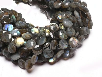Beautiful Labradorite Faceted Coin Shape Gemstone Beads, natural Multi Flash Black rainbow Coin Briolette T- Drill labradorite Beads Jewelry
