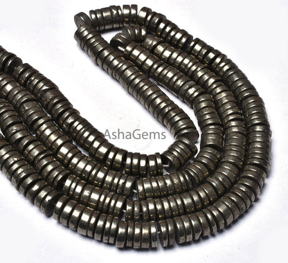 Natural Pyrite Smooth Heishi Tyre Shape Gemstone Beads, Pyrite Gemstone Beads Plain Flat Tyre Beads, Pyrite Loose Beads Jewelry Crafts SALE