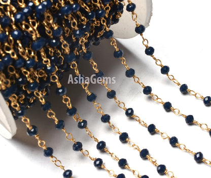 1,3,5,10,50 Ft Blue Sapphire Hydro Faceted Rondelle Beaded Rosary Chain,Gold Plated,Jewelry Making,Rosary Chain 3-3.5mm, Wire Wrapped Chain