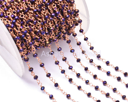 Beautiful Purple Mystic Pyrite Hydro Faceted Rondelle Beads Rosary Chain Rose Gold Plated Copper Wire Wrap handmade Chain Jewelry Making,3mm