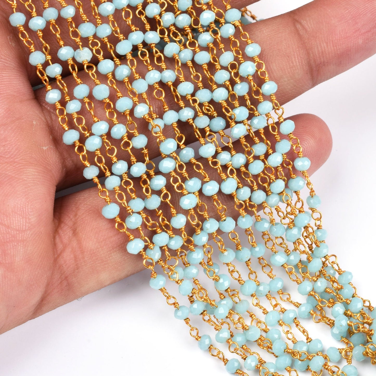 Beautiful Blue Larimar Hydro Faceted Rondelle Beads Rosary Chain By Feet,3 mm Gold Plated Wire Wrapped Handmade Beaded Chains Jewelry Crafts
