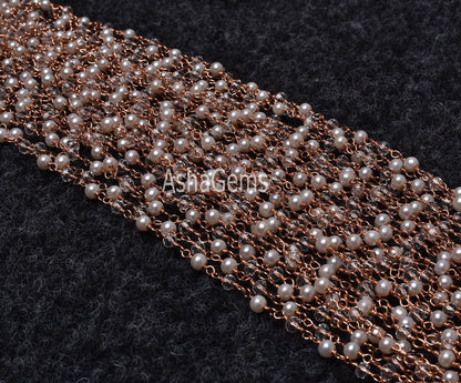 Beautiful Pearl Crystal Quartz Hydro Beads Rosary Chain, Rose gold Plated Copper Wire Wrap Faceted Beaded Chain Necklace Jewelry making SALE
