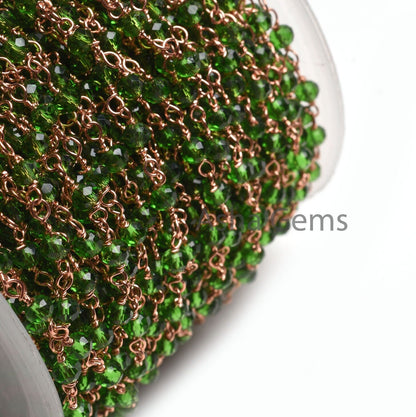 Rosary Chain, Green Chrome Diopside Hydro Faceted Beads Chain Rose Gold Plated Copper wire wrap rondelle Micro cut Beads Handmade Chain SALE