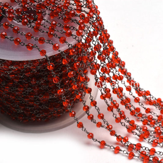 3-3.5 mm Red Quartz Hydro Jewelry Crafts Rosary Chain 1-50 Feet Red Quartz Faceted Rondelle Bead Chain Black Metal Wire Plated Finding Chain