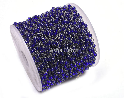 Royal Blue Quartz Hydro Faceted Beads Chain 1-50 Feet Black Metal Plated Wire Chain, 3-3.5 mm Gunmetal Jewelry Making Rosary Chain