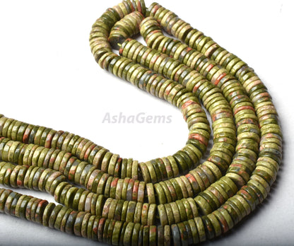 Beautiful Green Unakite Heishi Tyre Shape Beads,7.5-8mm Natural Unakite Flat Smooth Beads, Unakite Beads Gemstone Wheel Shape Beads Handmade