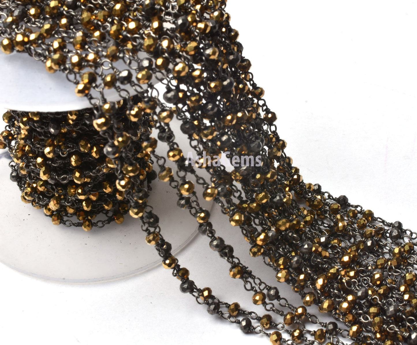 SALE 3,5,10,25 Ft Golden Pyrite Hydro Faceted Rondelle Beaded Rosary Chain Black Plated Wire Jewelry Making Finding, Wire Wrapped Chain 3 mm