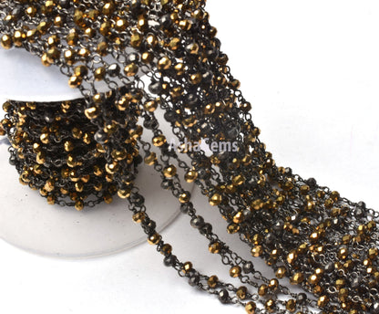SALE 3,5,10,25 Ft Golden Pyrite Hydro Faceted Rondelle Beaded Rosary Chain Black Plated Wire Jewelry Making Finding, Wire Wrapped Chain 3 mm