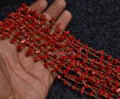 1,3,5,10,25 Foot Beautiful Red Stone Uncut Chip Beads Rosary Chain, Gold Plated Wire Wrap Tiny Nugget Gemstone Beaded Chain Necklace Jewelry