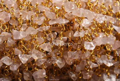Natural Pink Rose Quartz Uncut Chips Beads Rosary Chain Gemstone Nugget Gold Plated Wire Wrap Beaded Chain By Foot, Jewelry Making Necklace