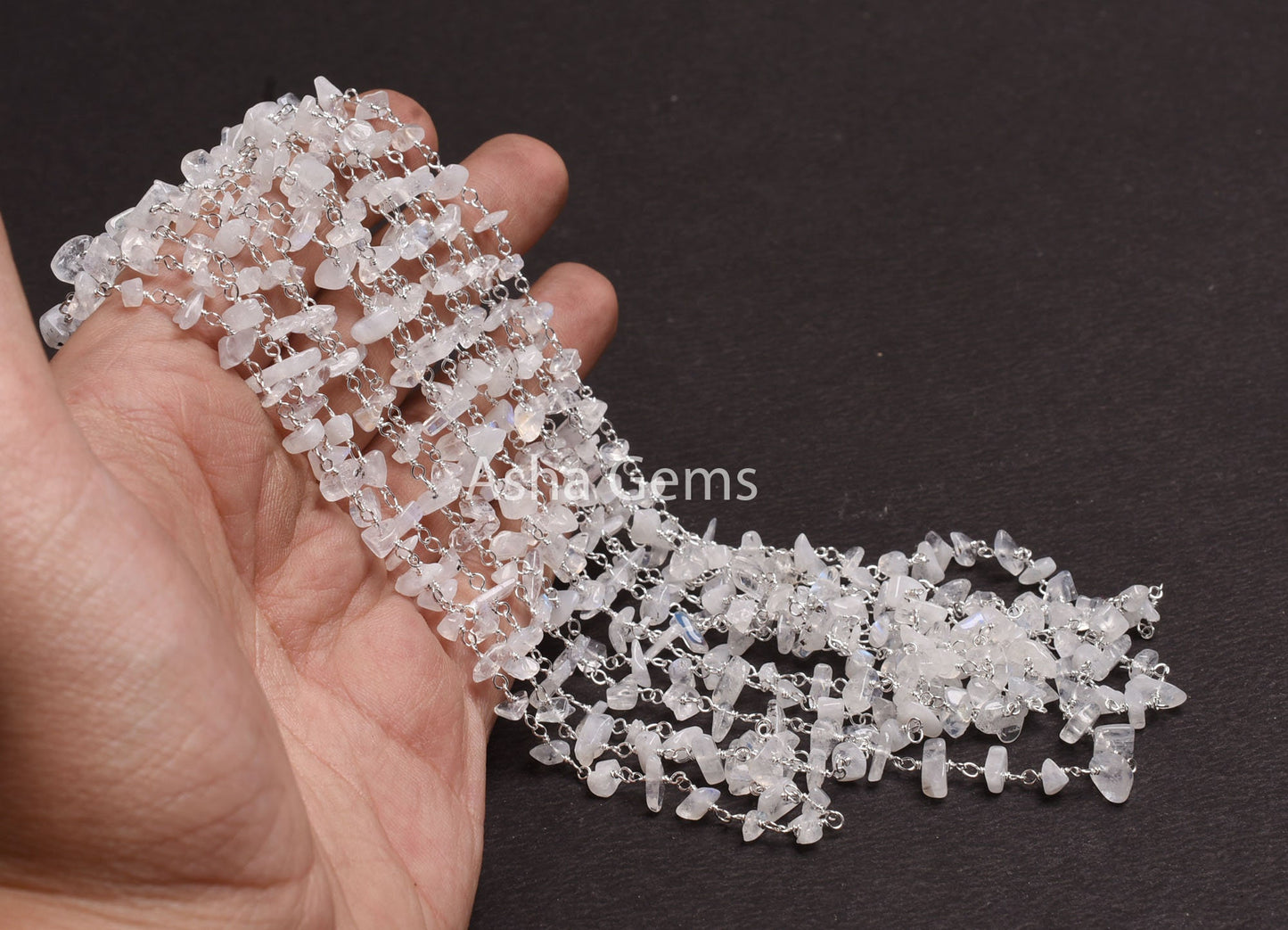 Natural Rainbow Moonstone Uncut Chips Beads Rosary Chain Silver,Gold Plated Wire Bulk Roll Beads Chain Jewelry Making Tiny Nugget Bead Chain
