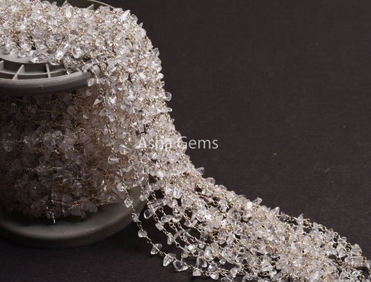 3,5,10,25,Ft Natural Crystal Uncut Chip Beads Rosary Chain Gemstone Bead Chain,Clear Crystal Smooth Nugget Beaded Chain,Silver Plated Wire