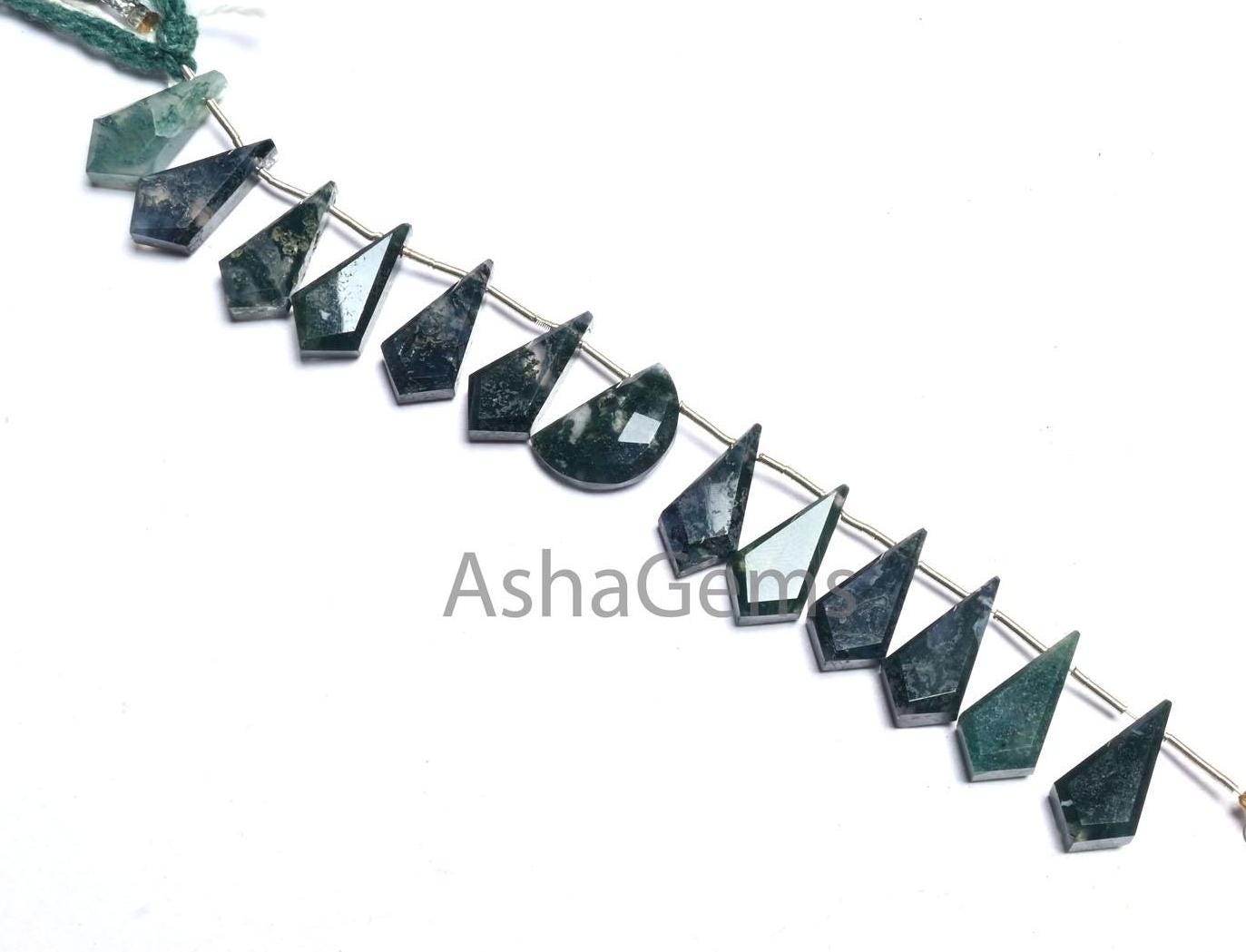 Natural Moss Green Agate fancy Long + 1 Piece D Shape faceted Beads, Rare Moss Agate Fancy Briolette Side Drill Gemstone Agate Beads Jewelry(AG 18610)