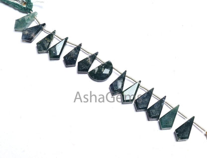 Natural Moss Green Agate fancy Long + 1 Piece D Shape faceted Beads, Rare Moss Agate Fancy Briolette Side Drill Gemstone Agate Beads Jewelry(AG 18610)