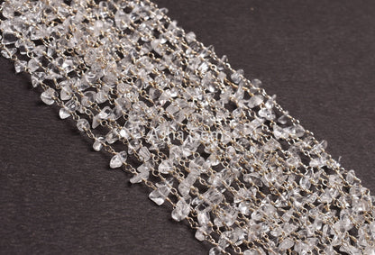 3,5,10,25,Ft Natural Crystal Uncut Chip Beads Rosary Chain Gemstone Bead Chain,Clear Crystal Smooth Nugget Beaded Chain,Silver Plated Wire