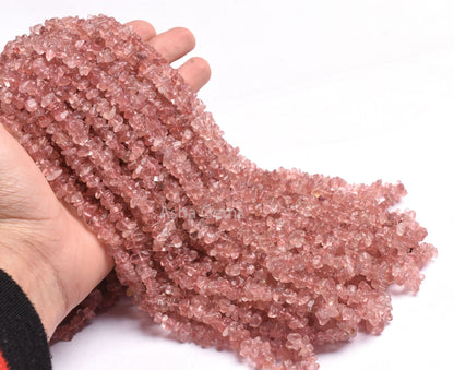 Natural Pink Strawberry Quartz Uncut Chip Beads,17/34" Strand Strawberry Quartz Beads, Gemstone Raw Rough Smooth Polish Beads Jewelry Crafts
