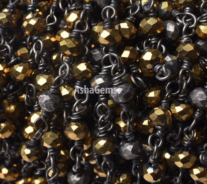 SALE 3,5,10,25 Ft Golden Pyrite Hydro Faceted Rondelle Beaded Rosary Chain Black Plated Wire Jewelry Making Finding, Wire Wrapped Chain 3 mm