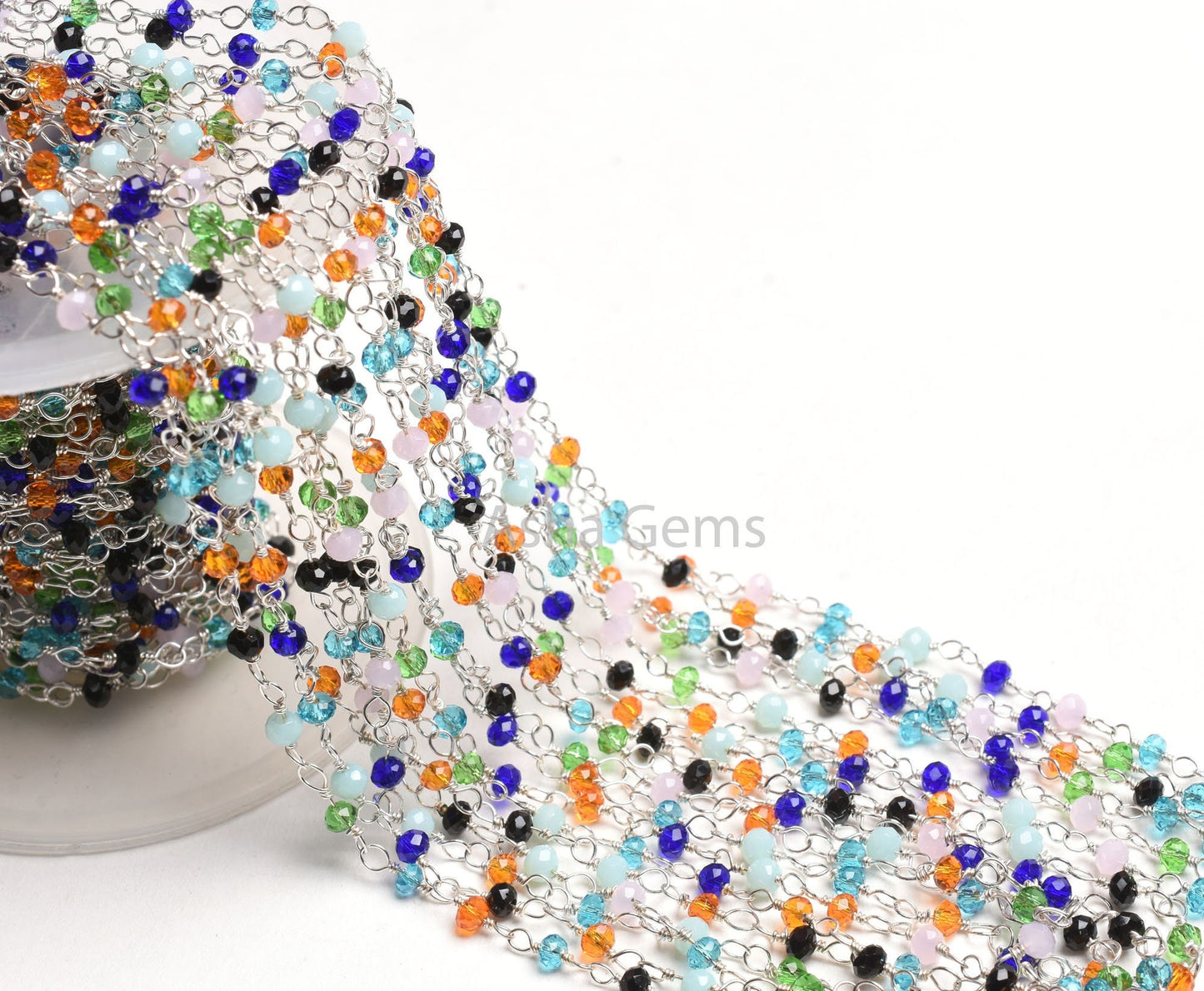 Beautiful Multi Color Disco Hydro Beads Rosary Chain By Feet, Mix Color Micro Cut Rondelle Chain Silver Plated Wire Wrap Chain Jewelry Craft