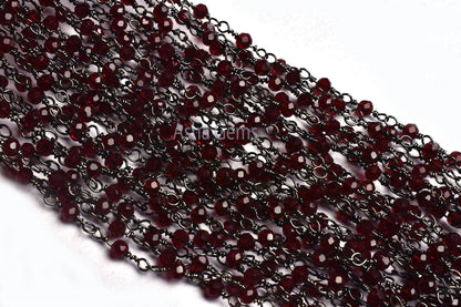 3,10,50 Feet Bulk Roll Garnet Micro Cut Faceted Beads Rosary Chain Gunmetal Rondelle Beaded Chain Black Plated Wire Wrap Chain Jewelry Craft