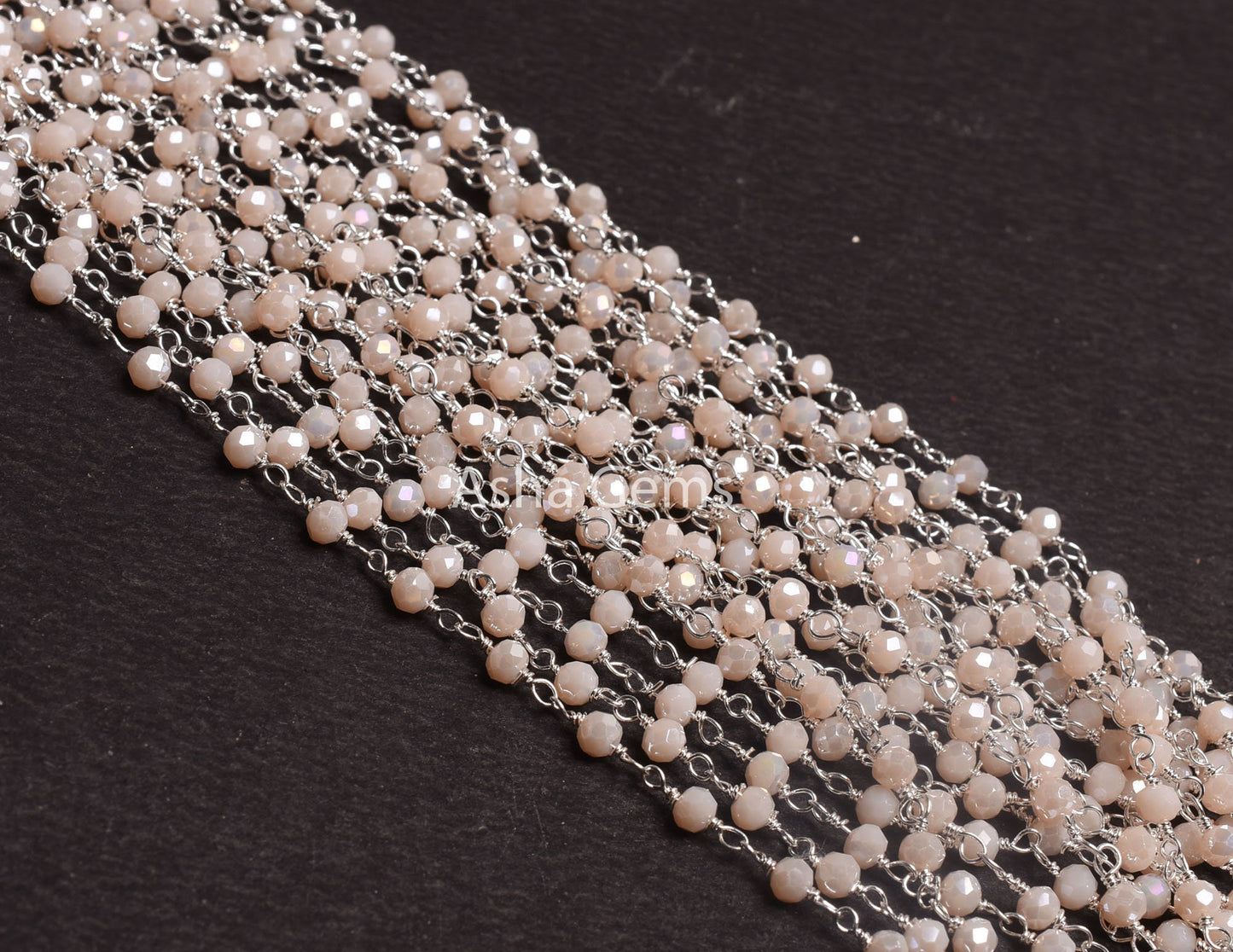 Silver Plated 3,5,10,25Ft,Pink Opal Hydro Coated Rondelle Faceted Beaded Rosary Chain Wire Bulk Roll Finding Chain 3-3.5mm Bead Rosary Chain