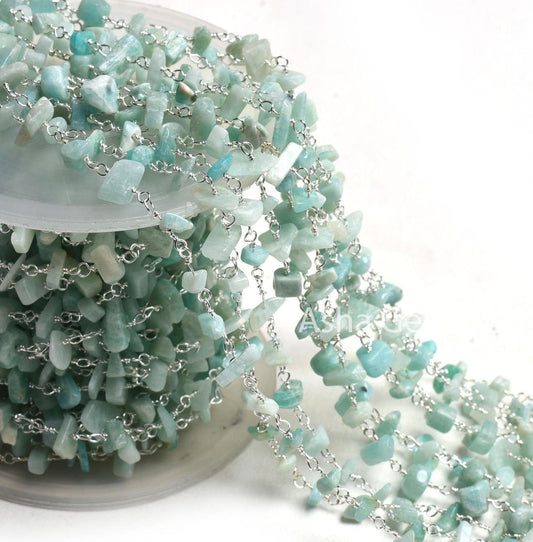 Natural Blue Amazonite Uncut Chip Beads Rosary Chain By Foot Silver, Black Plated Wire Wrap Nuggets Gemstone Bead Chain For Jewelry Necklace