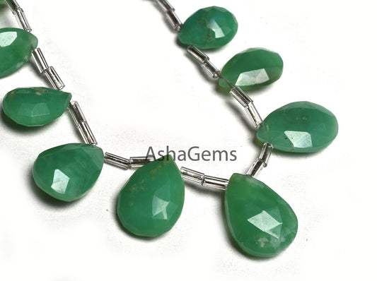 Genuine Green Chrysoprase Faceted Pear Shape Gemstone Beads,11Pc Strand Natural Chrysoprase Flat Teardrop Bead Chrysoprase Briolette Jewelry