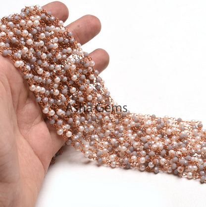 Rose Gold Plated White Pearl Grey Moonstone Hydro Beads Rosary Chain, Faceted Rondelle Beads Wire wrapped Bulk Rosary Chain, Jewelry Making