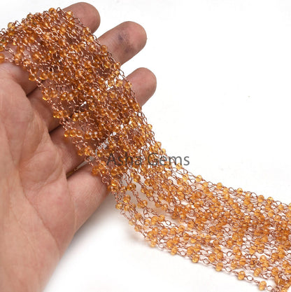 Beautiful Brown Quartz Hydro Faceted Rondelle Beads Rosary Chain By Feet,3mm Rose Gold Plated Copper Wire Wrap handmade Chain Jewelry making