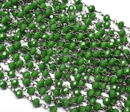 Beautiful Green Agate Hydro Rondelle Faceted Beads Rosary Chain Gunmetal Wire Wrap Black Plated Chain Jewelry Makin Handicraft Chain By Feet