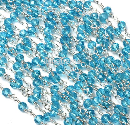 Beautiful Blue Topaz Hydro Faceted Rondelle Beads Rosary Chain 3-3.5 mm Rosary handmade Beaded Chains Roll Wire Wrap Jewelry Making Necklace Crafts