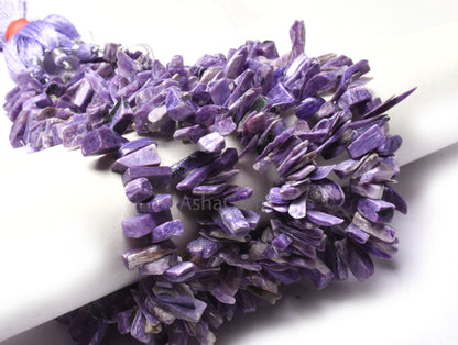 Natural Purple Charoite Raw Rough Slice Gemstone Beads,8.5" Strand Natural Charoite Uneven Free Size Long Chip Smooth Beads Charoite Jewelry