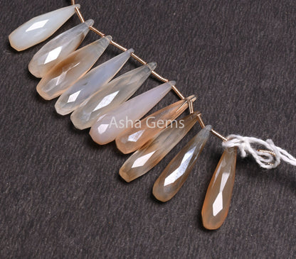 Shaded White Brown Fancy Long Pencil Drop Faceted Beads, Fine Bio Chalcedony Silver Coated Teardrop Briolette Gemstone Beads Jewelry Makings