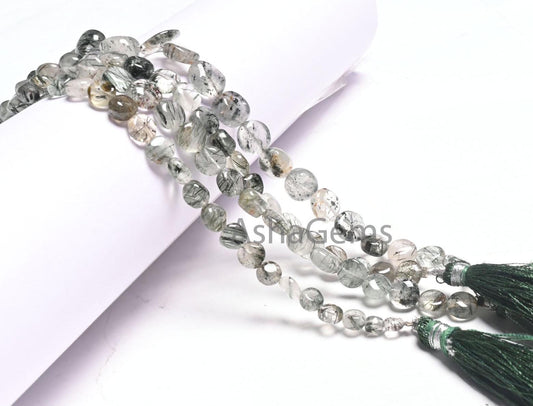 Natural Green Rutile Smooth Coin Shape handmade Beads,8" Strand Rare Green Rutile Coin Gemstone rutilated Quartz Beads Jewelry making Crafts