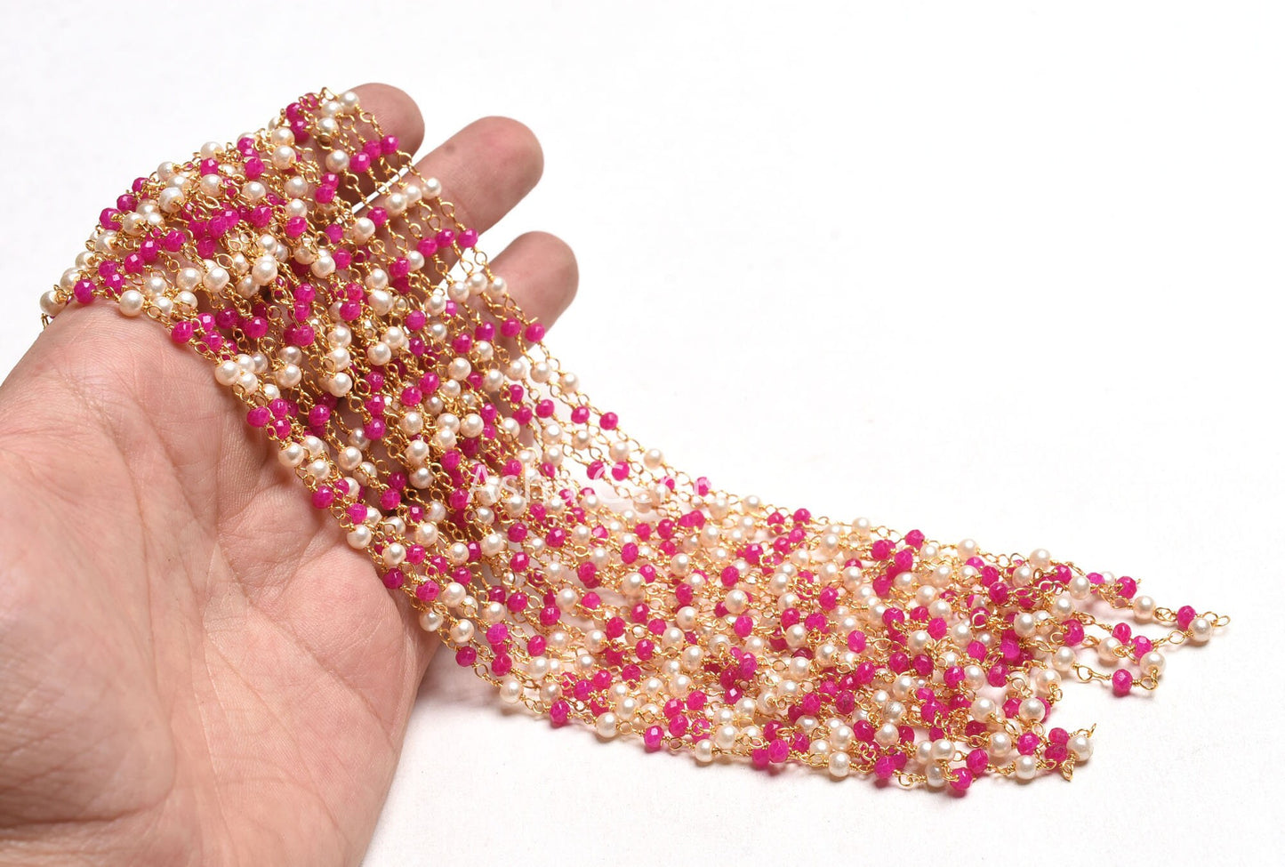 White Pearl Pink Chalcedony Hydro Beads Rosary Chain, Faceted Rondelle Beads 1,10,25 Feet Gold Plated Wire Roll Jewelry Making Finding Chain
