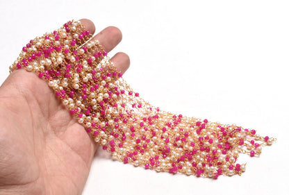 White Pearl Pink Chalcedony Hydro Beads Rosary Chain, Faceted Rondelle Beads 1,10,25 Feet Gold Plated Wire Roll Jewelry Making Finding Chain