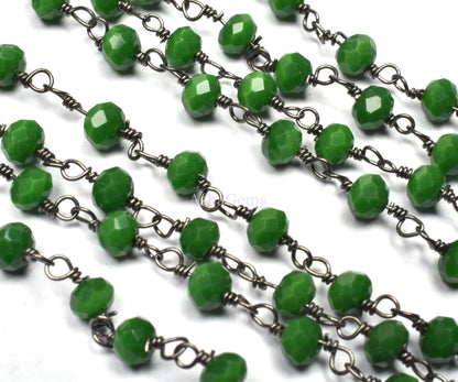 Beautiful Green Agate Hydro Rondelle Faceted Beads Rosary Chain Gunmetal Wire Wrap Black Plated Chain Jewelry Makin Handicraft Chain By Feet