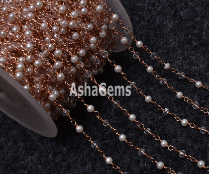 Beautiful Pearl Crystal Quartz Hydro Beads Rosary Chain, Rose gold Plated Copper Wire Wrap Faceted Beaded Chain Necklace Jewelry making SALE