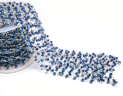 1,3,5,10,50 Feet,Blue Titanium Pyrite Hydro Faceted Rondelle Beaded Rosary Chain Silver Plated Wire,Jewelry Making Finding,Wire Chain 3.50mm