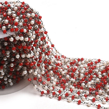 Beautiful Pearl Red Ruby Hydro Beads Rosary Chain,3mm Black Plated Gunmetal Wire Wrap Handmade Beaded Chain For Necklace Making Jewelry SALE