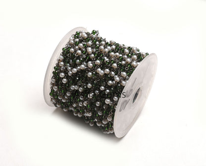 Beautiful Pearl, Chrome Green Hydro Beads Rosary Chain,3 mm Black Plated Gunmetal Wire Wrap Faceted Rondelle Beads Chain Jewelry Making SALE