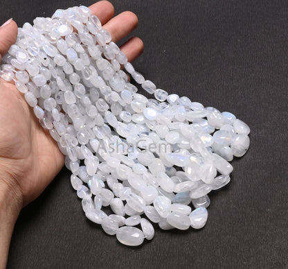 Natural Blue Fire Rainbow Moonstone Smooth Nugget Gemstone Loose Beads,9/18"Strand Fine White Rainbow Handmade Tumble Beads Necklace Jewelry (AG 22299)