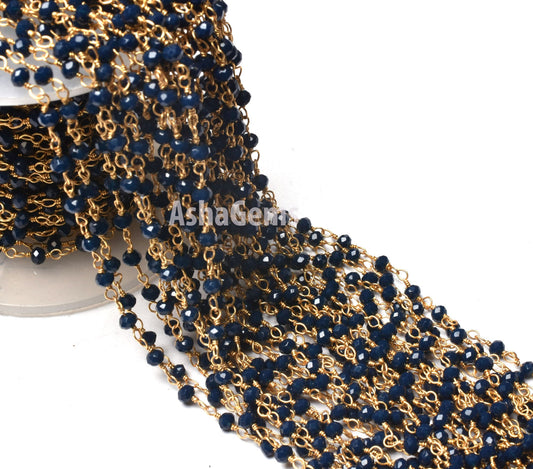 1,3,5,10,50 Ft Blue Sapphire Hydro Faceted Rondelle Beaded Rosary Chain,Gold Plated,Jewelry Making,Rosary Chain 3-3.5mm, Wire Wrapped Chain