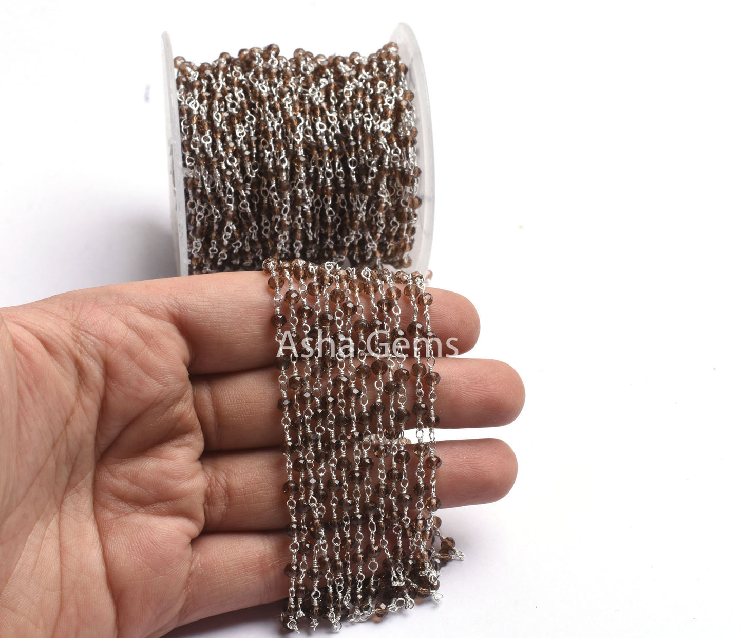 Smoky Quartz Hydro Beads Rosary Chain,3,5,10 Foot,  Rosary Beaded Chain, Silver Plated Metal,Bulk Roll,Jewelry Making,Finding Chain
